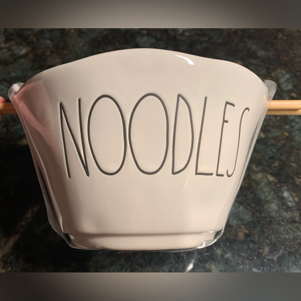Rae Dunn ceramic Noodles bowl with wood chopsticks